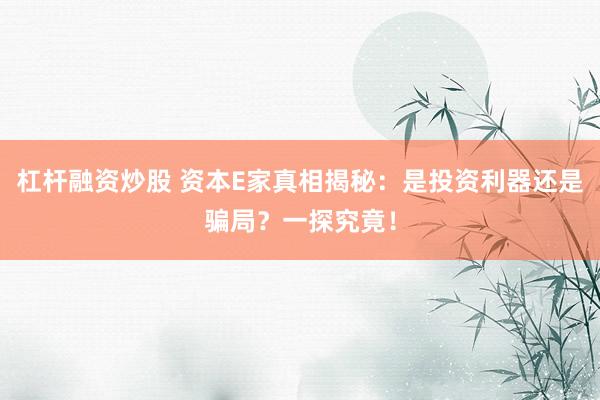 杠杆融资炒股 资本E家真相揭秘：是投资利器还是骗局？一探究竟！